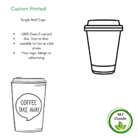 Custom Printed Paper Coffee Cups - Single Wall - 1000 per ctn
